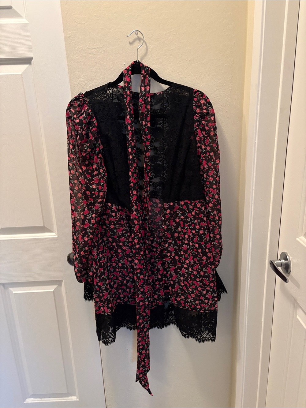 For Love & Lemons Black and Pink Floral Long Sleeve Dress